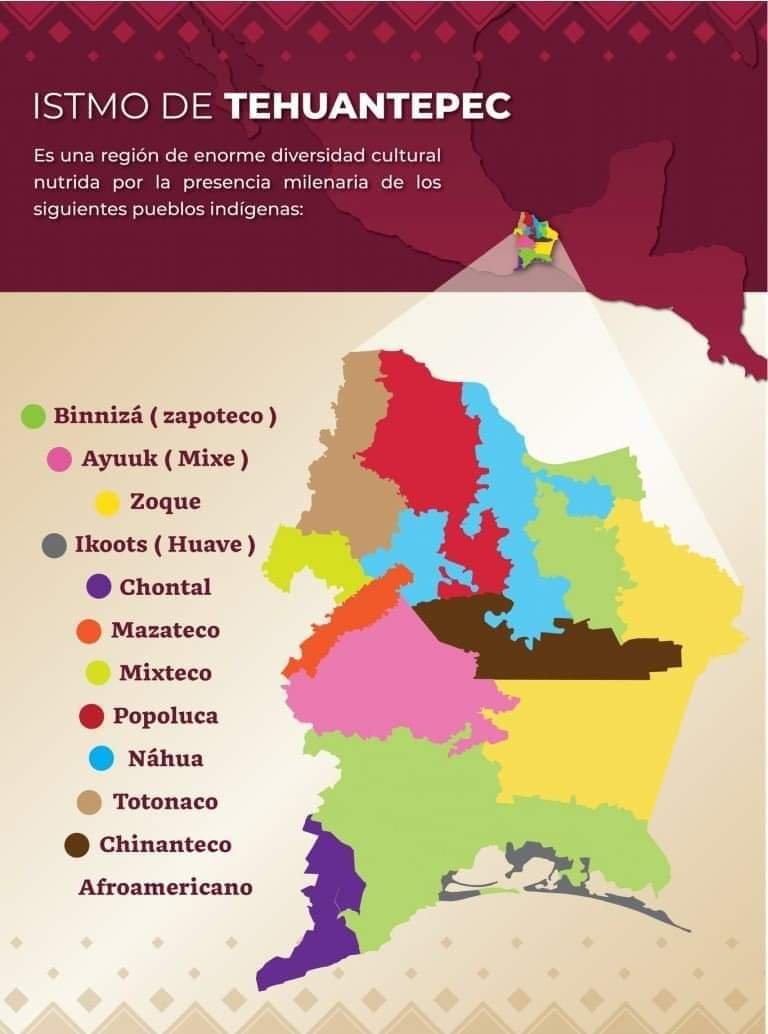 Mapa de los pueblos indígenas del Istmo de Tehuantepec: Binnizá (zapoteco), Ayuuk (Mixe), Zoque, Ikoots (Huave), Chontal, Mazateco, Mixteco, Popoluca, Náhua, Totonaco, Chinanteco y Afroamericano